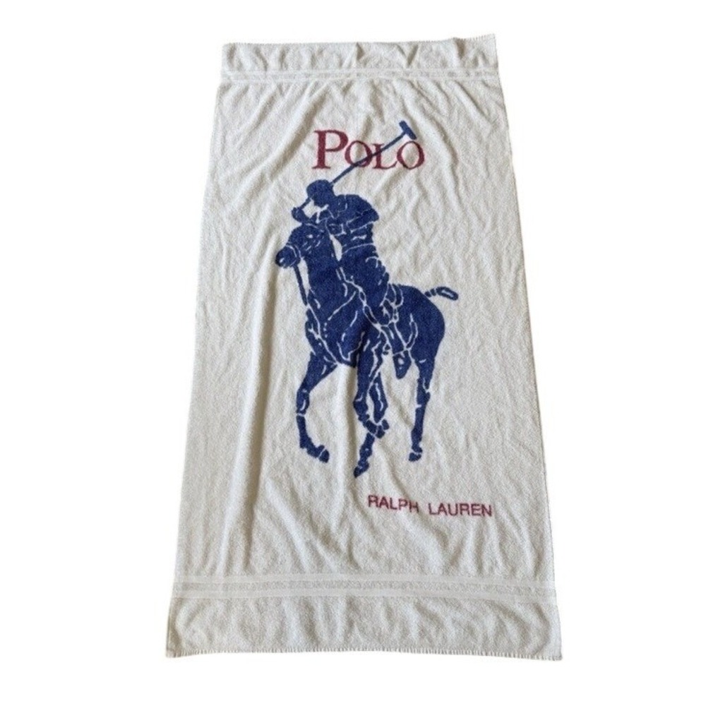 Polo by Ralph Lauren White Beach Towel with Navy Polo Player and Red Logo